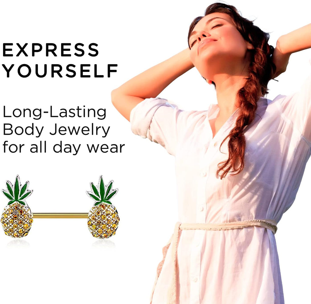 Pierce2GO Pineapple Weed Nipple Rings – Anodized Gold Surgical Stainless - Steel Set of 2 Barbell Cute 14G Pineapple Nipple Piercing –Jewelry for Women - 9/16" Barbell - QIAO CrystalQIAO CrystalQIAO Crystal