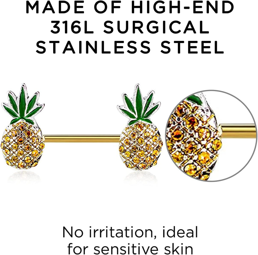 Pierce2GO Pineapple Weed Nipple Rings – Anodized Gold Surgical Stainless - Steel Set of 2 Barbell Cute 14G Pineapple Nipple Piercing –Jewelry for Women - 9/16" Barbell - QIAO CrystalQIAO CrystalQIAO Crystal