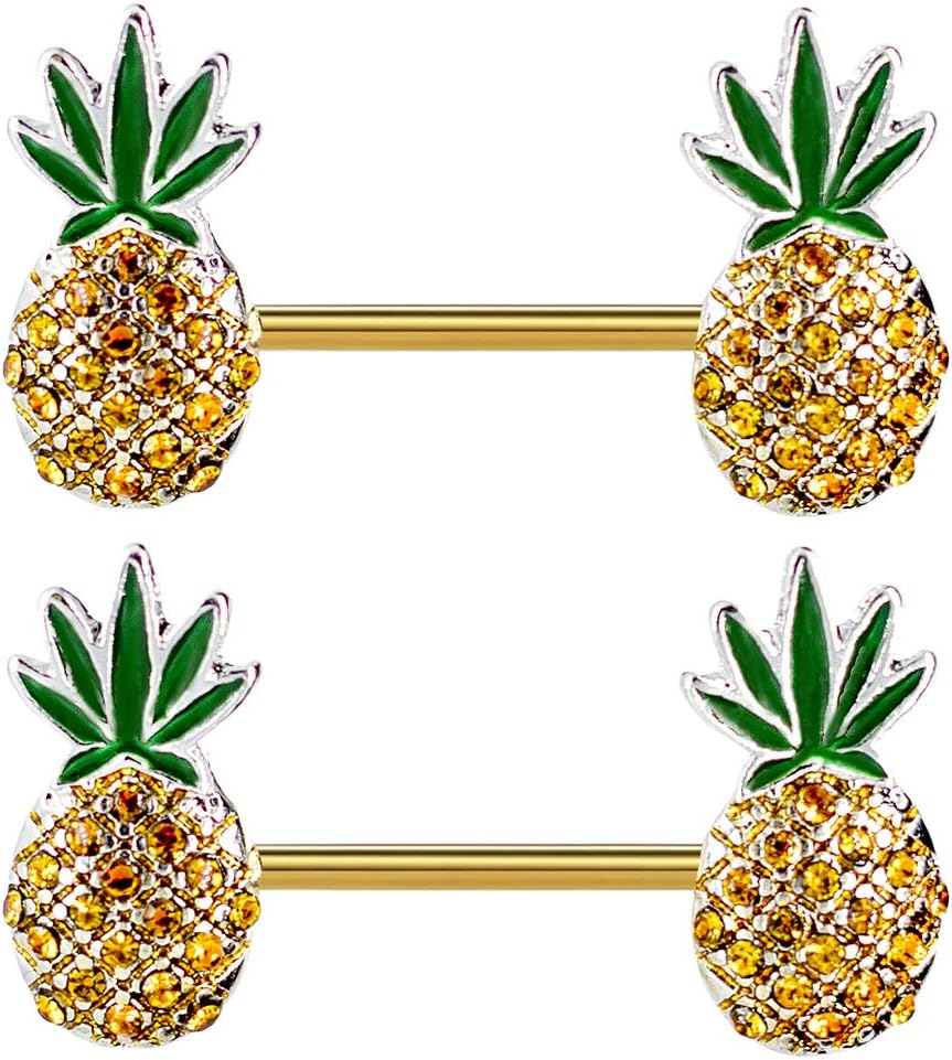 Pierce2GO Pineapple Weed Nipple Rings – Anodized Gold Surgical Stainless - Steel Set of 2 Barbell Cute 14G Pineapple Nipple Piercing –Jewelry for Women - 9/16" Barbell - QIAO CrystalQIAO CrystalQIAO Crystal