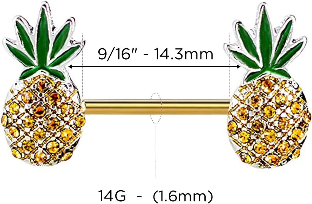 Pierce2GO Pineapple Weed Nipple Rings – Anodized Gold Surgical Stainless - Steel Set of 2 Barbell Cute 14G Pineapple Nipple Piercing –Jewelry for Women - 9/16" Barbell - QIAO CrystalQIAO CrystalQIAO Crystal