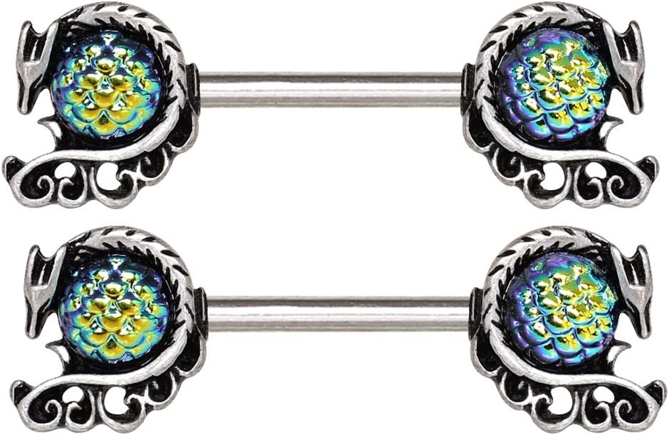 Pierced Owl 14GA 316L Stainless Steel Blue Green Cabochon Dragon Nipple Barbells, Sold as a Pair - QIAO CrystalQIAO CrystalQIAO Crystal