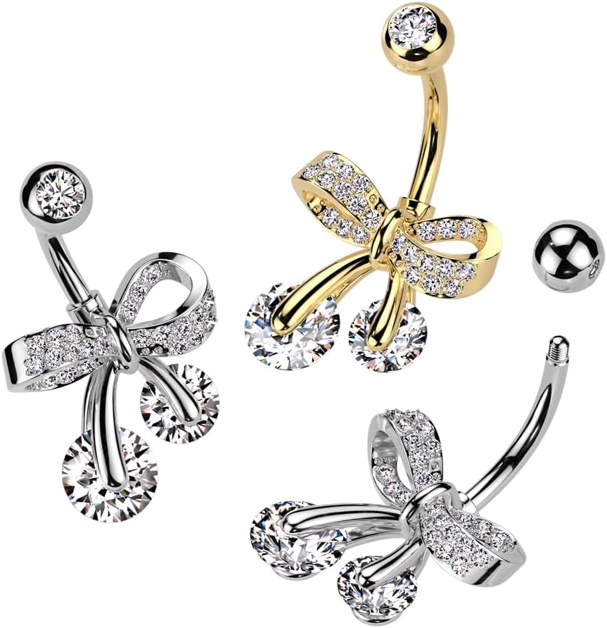Pierced Owl 14GA 316L Stainless Steel CZ Crystal Paved Bow Ribbon Belly Button Ring - 我的商店我的商店我的商店