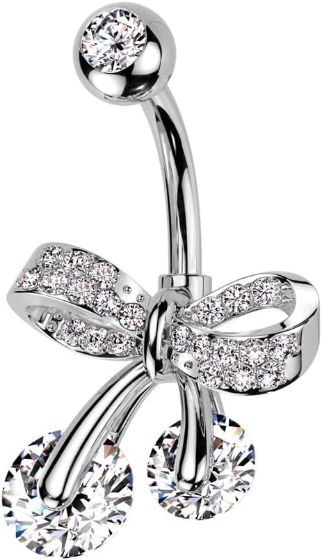 Pierced Owl 14GA 316L Stainless Steel CZ Crystal Paved Bow Ribbon Belly Button Ring - 我的商店我的商店我的商店
