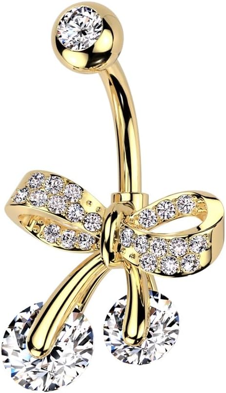 Pierced Owl 14GA 316L Stainless Steel CZ Crystal Paved Bow Ribbon Belly Button Ring - 我的商店我的商店我的商店