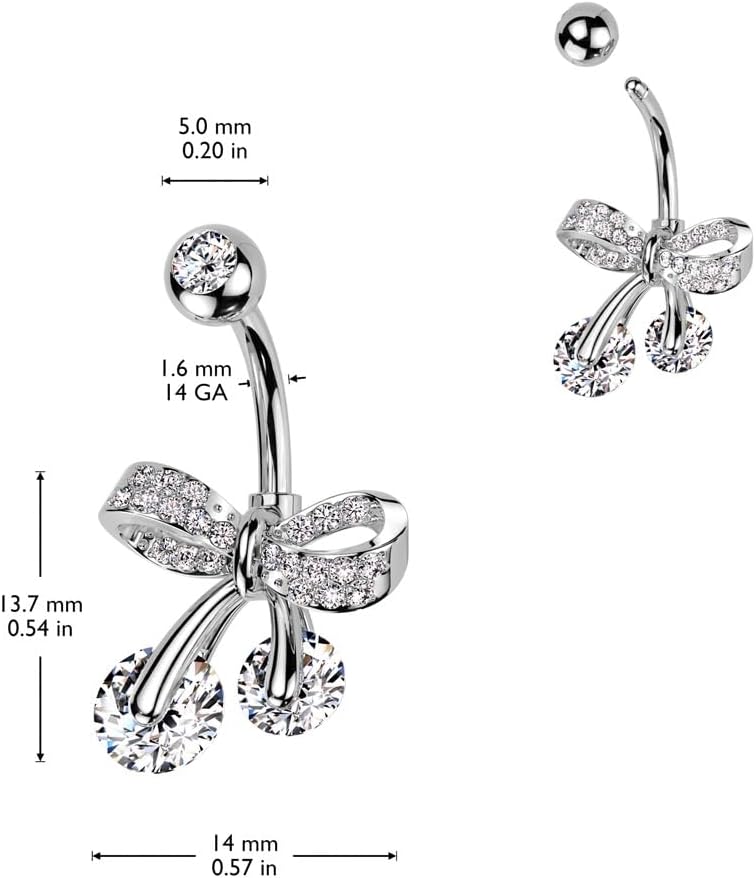 Pierced Owl 14GA 316L Stainless Steel CZ Crystal Paved Bow Ribbon Belly Button Ring - 我的商店我的商店我的商店