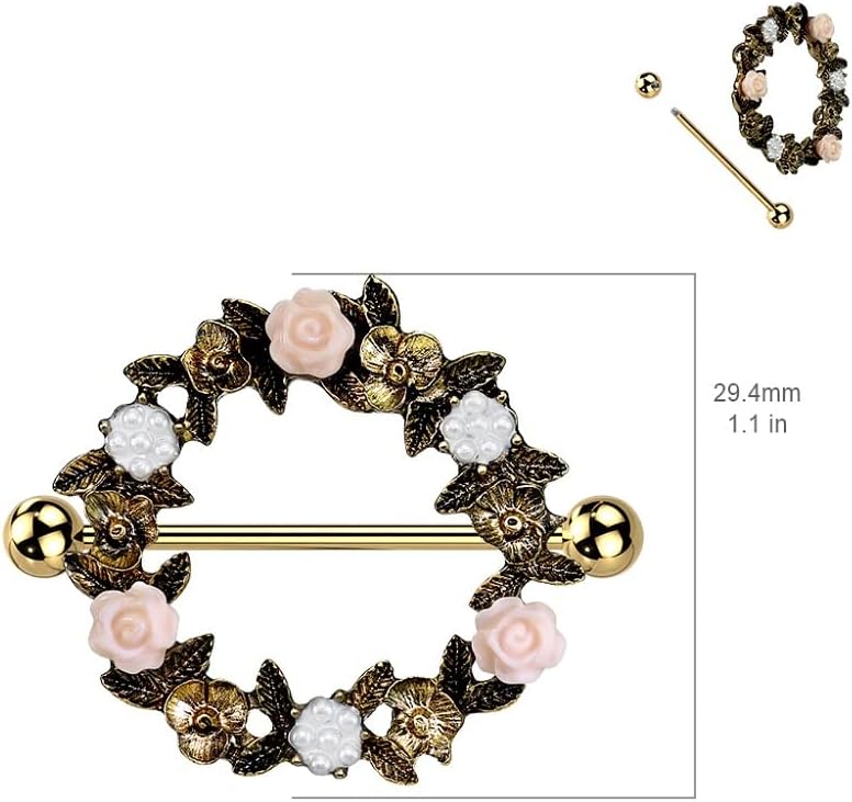 Pierced Owl 14GA 316L Stainless Steel Floral Wreath Nipple Shields, Sold as a Pair - QIAO CrystalQIAO CrystalQIAO Crystal