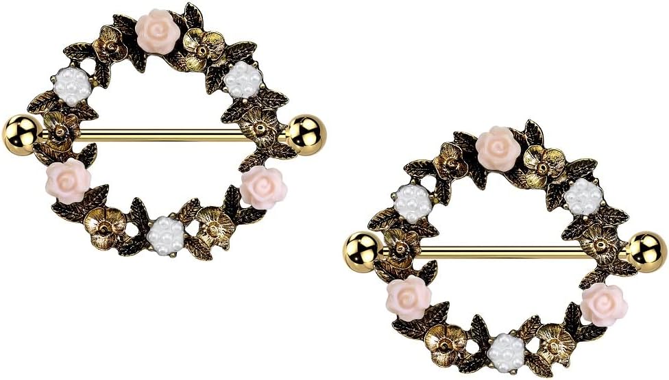 Pierced Owl 14GA 316L Stainless Steel Floral Wreath Nipple Shields, Sold as a Pair - QIAO CrystalQIAO CrystalQIAO Crystal