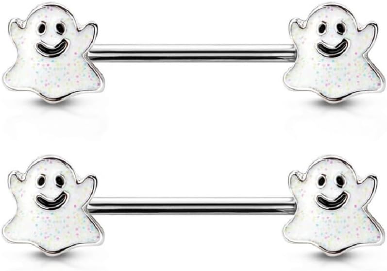 Pierced Owl 14GA 316L Stainless Steel Happy Little Ghost Ends Nipple Barbells, Sold as a Pair - QIAO CrystalQIAO CrystalQIAO Crystal