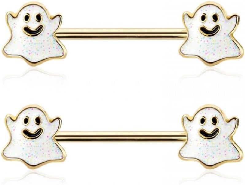 Pierced Owl 14GA 316L Stainless Steel Happy Little Ghost Ends Nipple Barbells, Sold as a Pair - QIAO CrystalQIAO CrystalQIAO Crystal