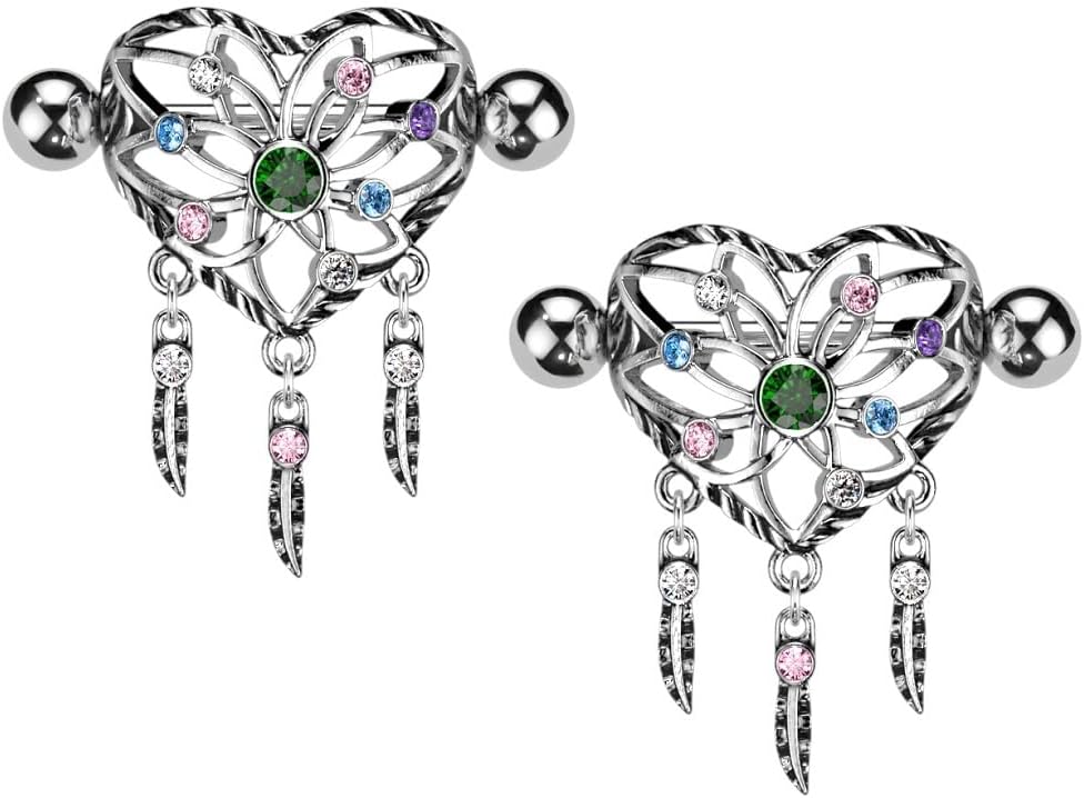 Pierced Owl 14GA 316L Stainless Steel Heart Dream Catcher Nipple Shields, Sold as a Pair - QIAO CrystalQIAO CrystalQIAO Crystal