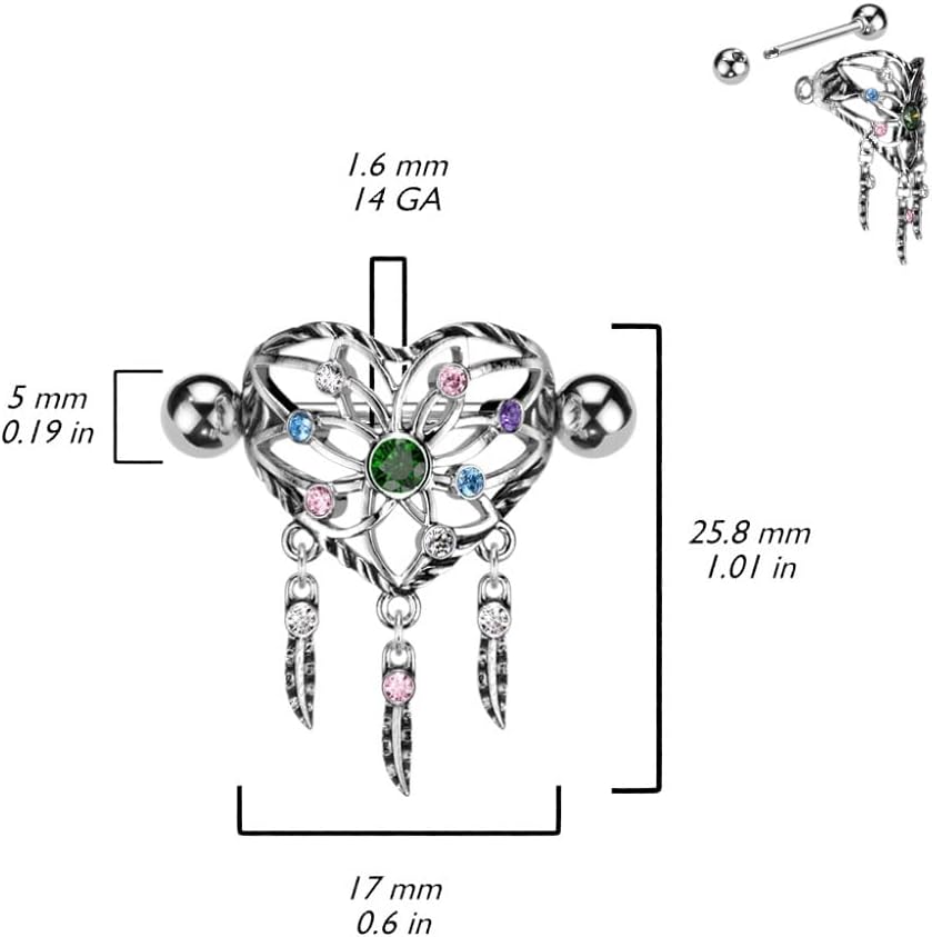 Pierced Owl 14GA 316L Stainless Steel Heart Dream Catcher Nipple Shields, Sold as a Pair - QIAO CrystalQIAO CrystalQIAO Crystal