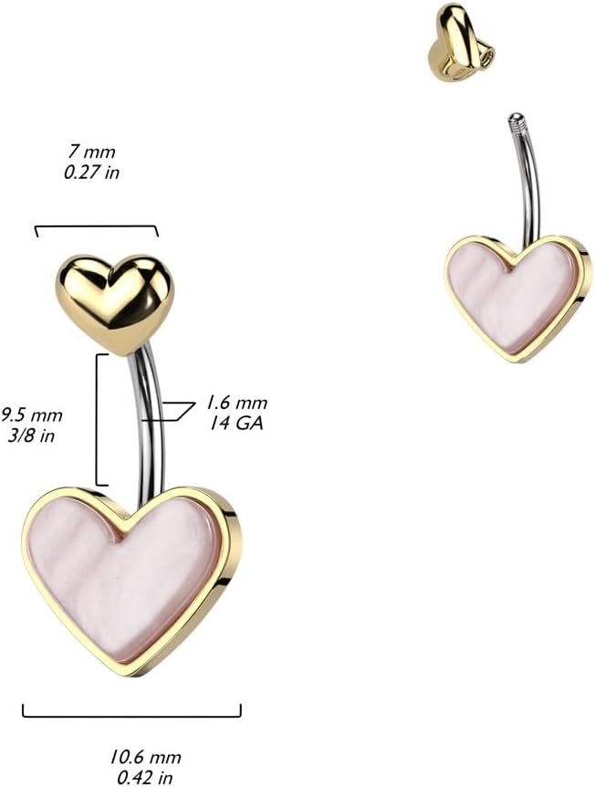 Pierced Owl 14GA 316L Stainless Steel Mother of Pearl Heart Belly Button Ring - 我的商店我的商店我的商店