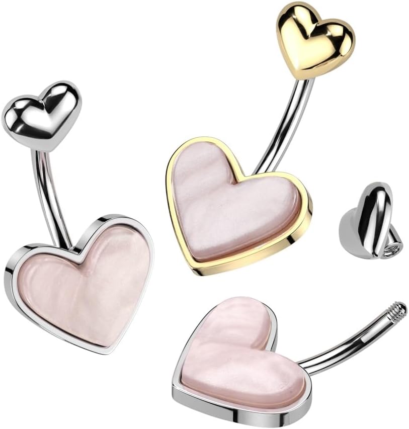 Pierced Owl 14GA 316L Stainless Steel Mother of Pearl Heart Belly Button Ring - 我的商店我的商店我的商店