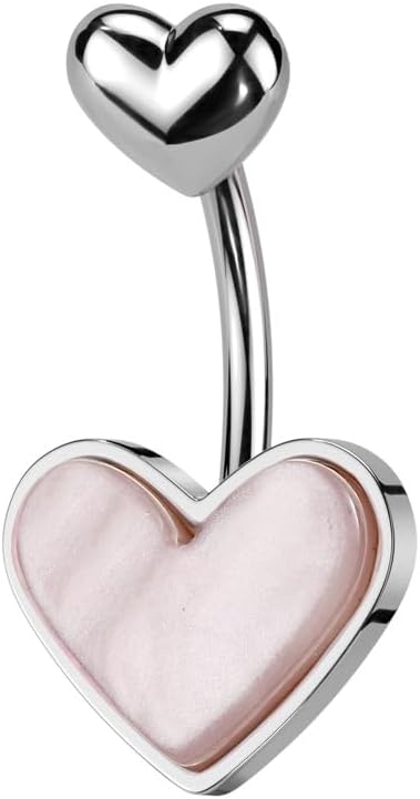 Pierced Owl 14GA 316L Stainless Steel Mother of Pearl Heart Belly Button Ring - 我的商店我的商店我的商店