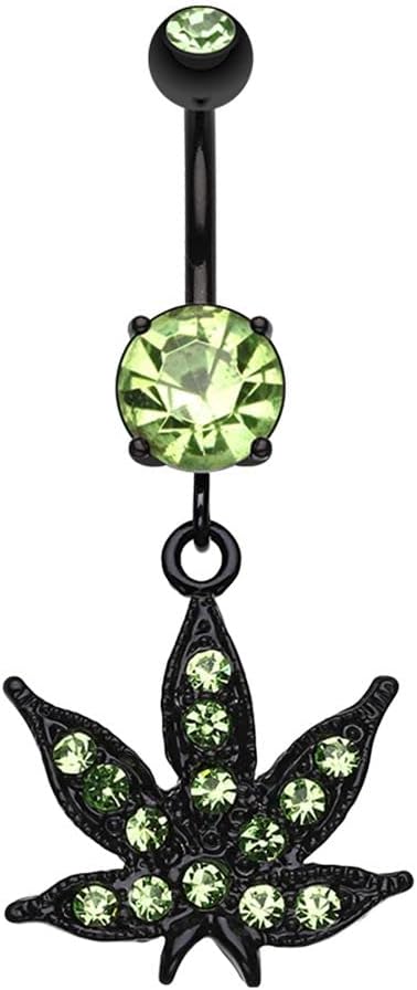 Pierced Owl 14GA Black Stainless Steel Green CZ Crystal Pot Leaf Dangling Belly Button Ring - 我的商店我的商店我的商店