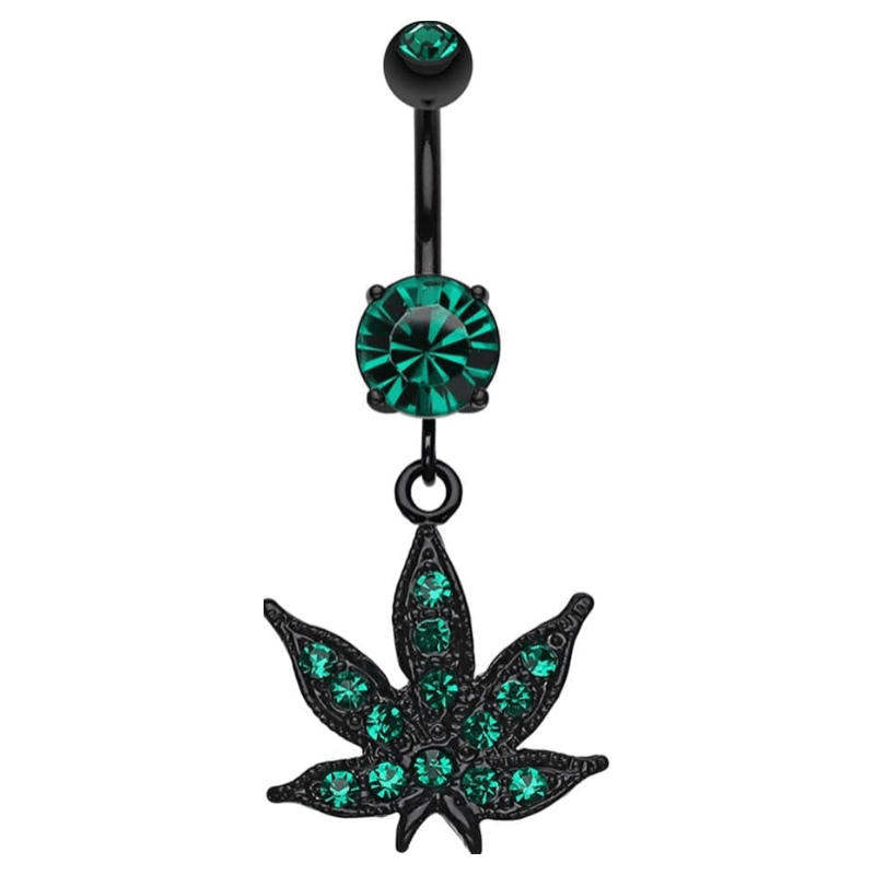 Pierced Owl 14GA Black Stainless Steel Green CZ Crystal Pot Leaf Dangling Belly Button Ring - QIAO Crystal我的商店QIAO Crystal