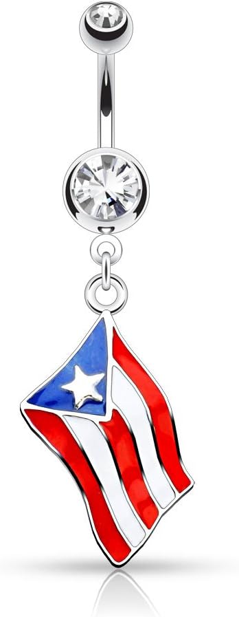 Pierced Owl - 14GA Epoxy National Country Flag with Gem Dangling Belly Button Ring - 我的商店我的商店我的商店
