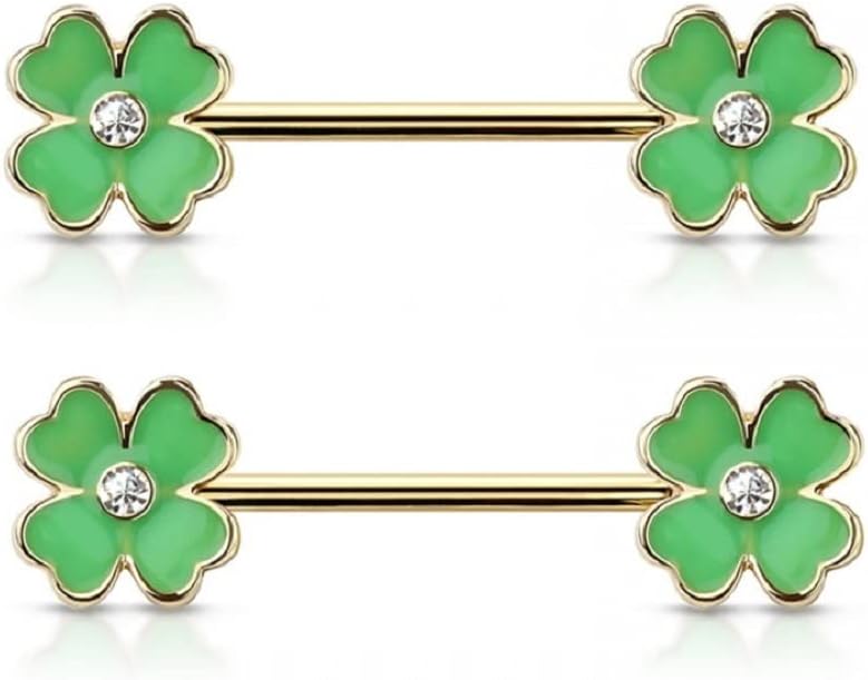 Pierced Owl 14GA Gold Plated 316L Stainless Steel Green Clover Ends Nipple Barbells, Sold as a Pair - QIAO CrystalQIAO CrystalQIAO Crystal