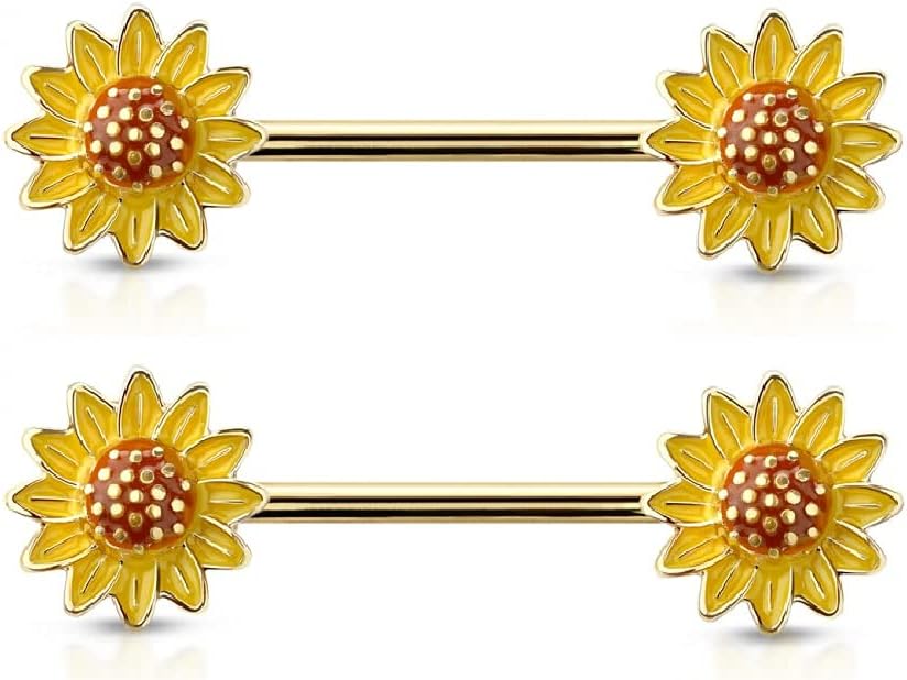 Pierced Owl 14GA Golden Sunflower Ends 316L Surgical Stainless Steel Barbells Nipple Rings, Sold as a Pair - QIAO CrystalQIAO CrystalQIAO Crystal