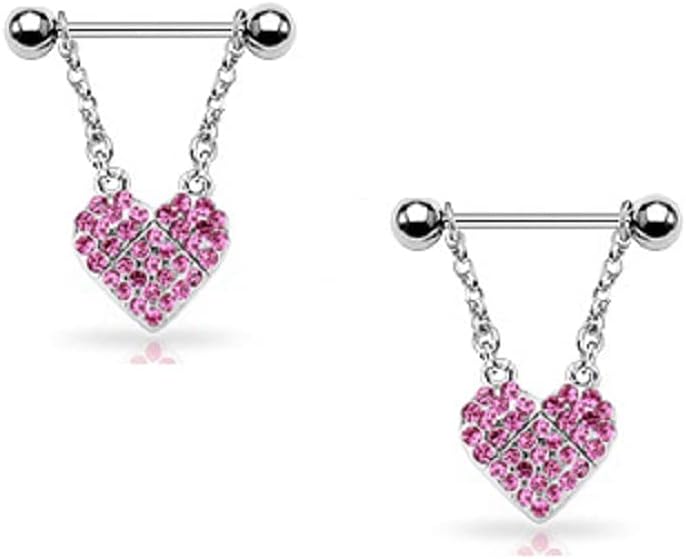 Pierced Owl - 14GA Heart CZ Paved Dangle 316L Surgical Stainless Steel Barbell Nipple Rings, Sold as a Pair - QIAO CrystalQIAO CrystalQIAO Crystal