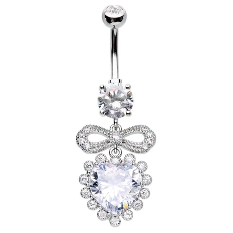 Pierced Owl 14GA Stainless Steel Bow and CZ Crystal Heart Dangling Belly Button Ring - QIAO CrystalQIAO CrystalQIAO Crystal