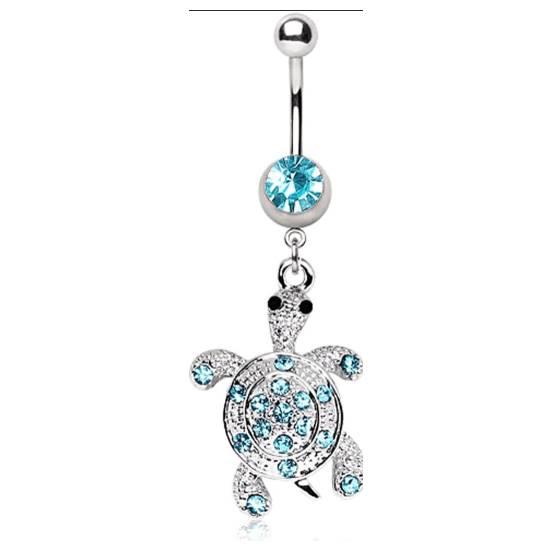 Pierced Owl Dangling Turtle with Aqua Gem Belly Button Ring in 316L Stainless Steel with CZ Crystal Accents - 我的商店我的商店我的商店