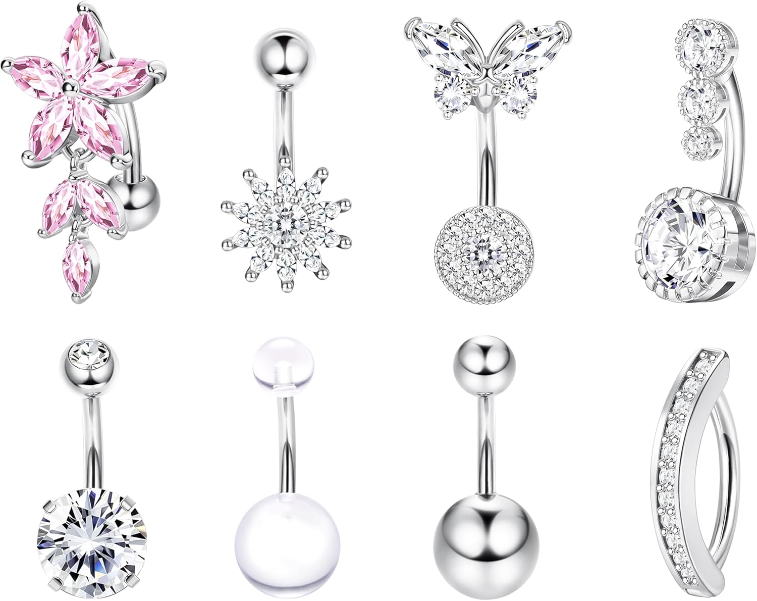 Pink Heart Belly Button Ring Piercing 8Pcs 14G Surgical Stainless Steel Navel Piercing Hypoallergenic Cute Created - opal Butterfly Belly Button Rings for Women - 我的商店我的商店我的商店