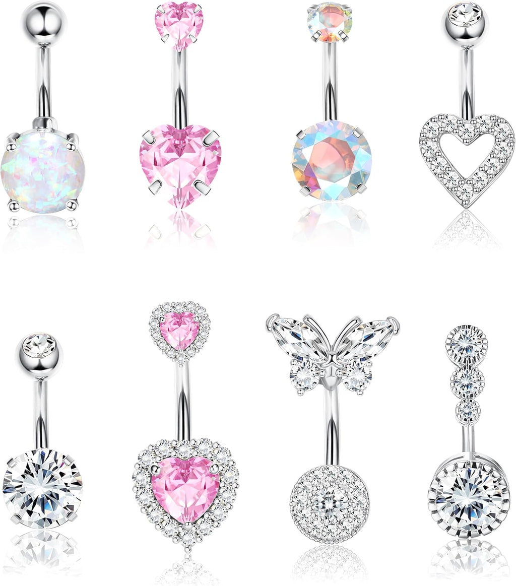 Pink Heart Belly Button Ring Piercing 8Pcs 14G Surgical Stainless Steel Navel Piercing Hypoallergenic Cute Created - opal Butterfly Belly Button Rings for Women - 我的商店我的商店我的商店