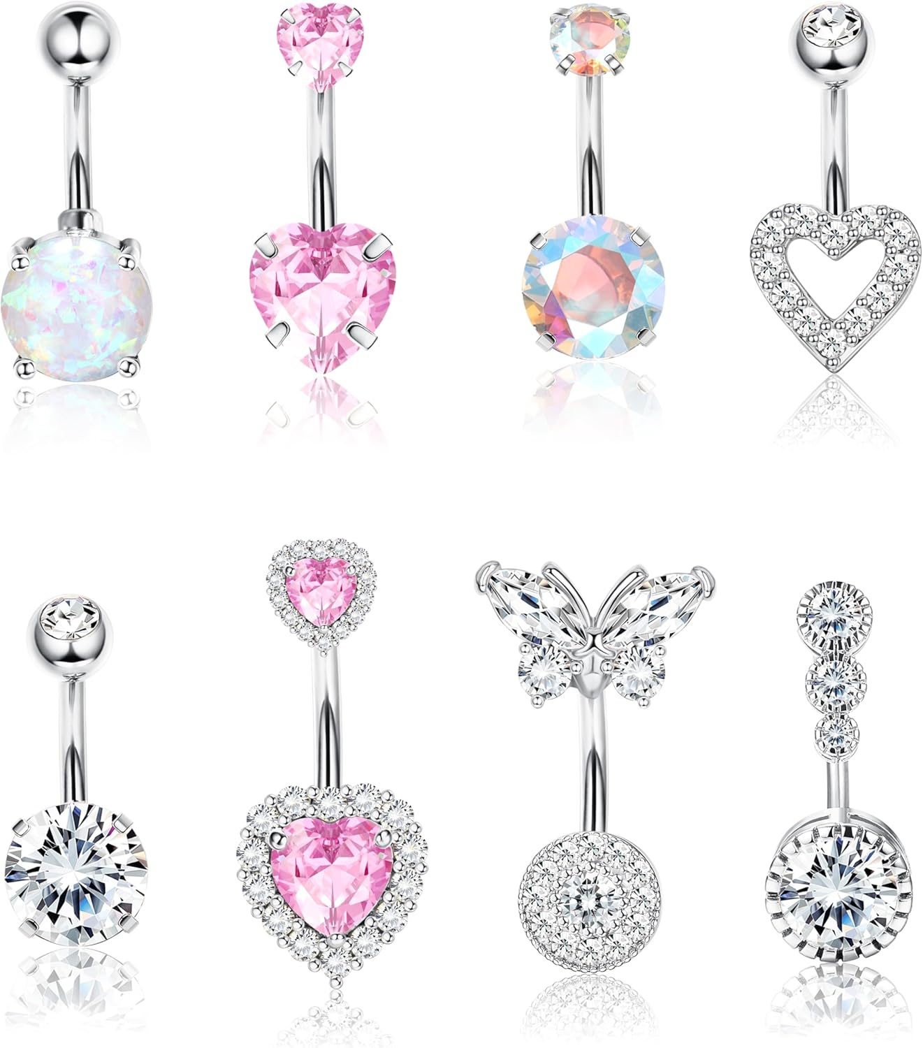 Pink Heart Belly Button Ring Piercing 8Pcs 14G Surgical Stainless Steel Navel Piercing Hypoallergenic Cute Created - opal Butterfly Belly Button Rings for Women - 我的商店我的商店我的商店