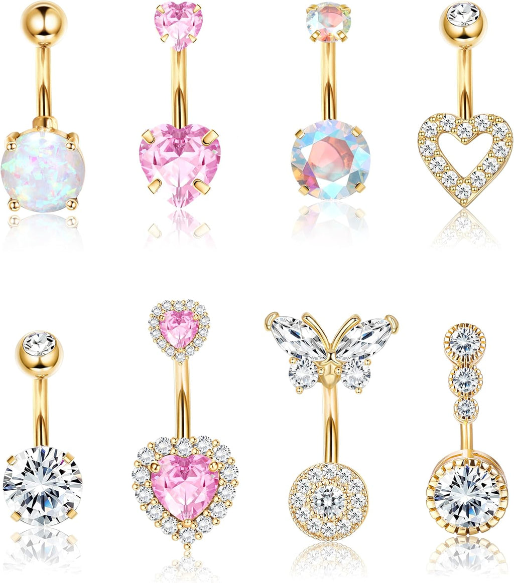 Pink Heart Belly Button Ring Piercing 8Pcs 14G Surgical Stainless Steel Navel Piercing Hypoallergenic Cute Created - opal Butterfly Belly Button Rings for Women - 我的商店我的商店我的商店