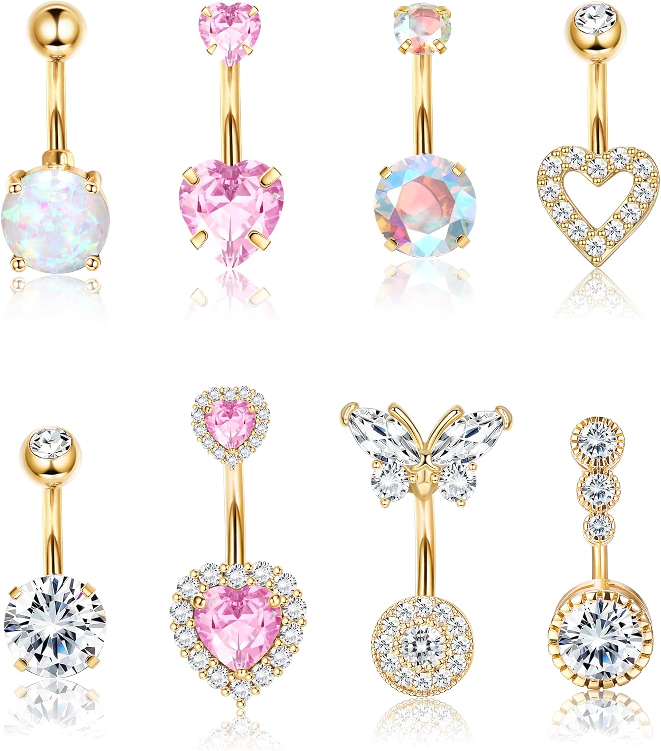 Pink Heart Belly Button Ring Piercing 8Pcs 14G Surgical Stainless Steel Navel Piercing Hypoallergenic Cute Created - opal Butterfly Belly Button Rings for Women - 我的商店我的商店我的商店