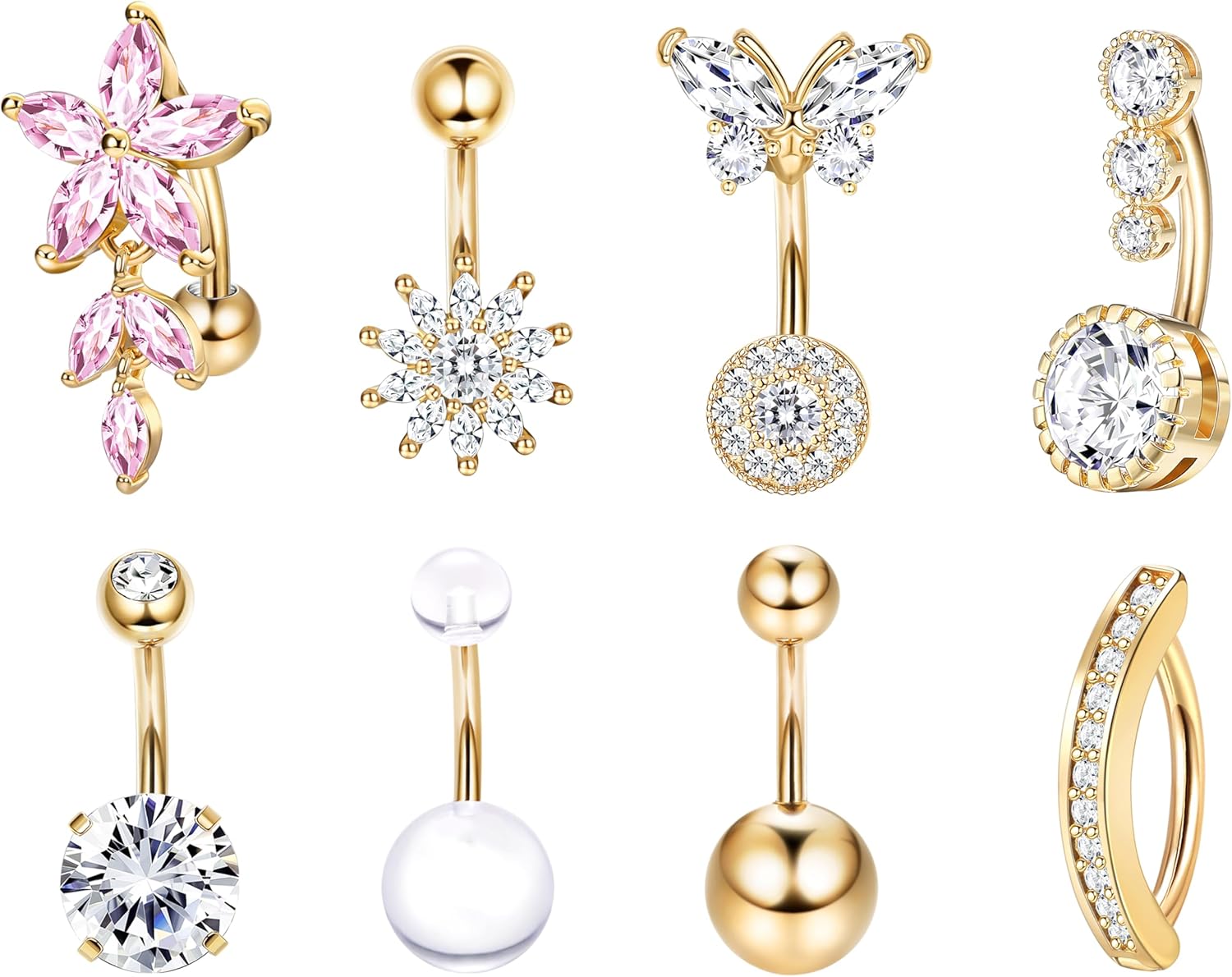 Pink Heart Belly Button Ring Piercing 8Pcs 14G Surgical Stainless Steel Navel Piercing Hypoallergenic Cute Created - opal Butterfly Belly Button Rings for Women - 我的商店我的商店我的商店