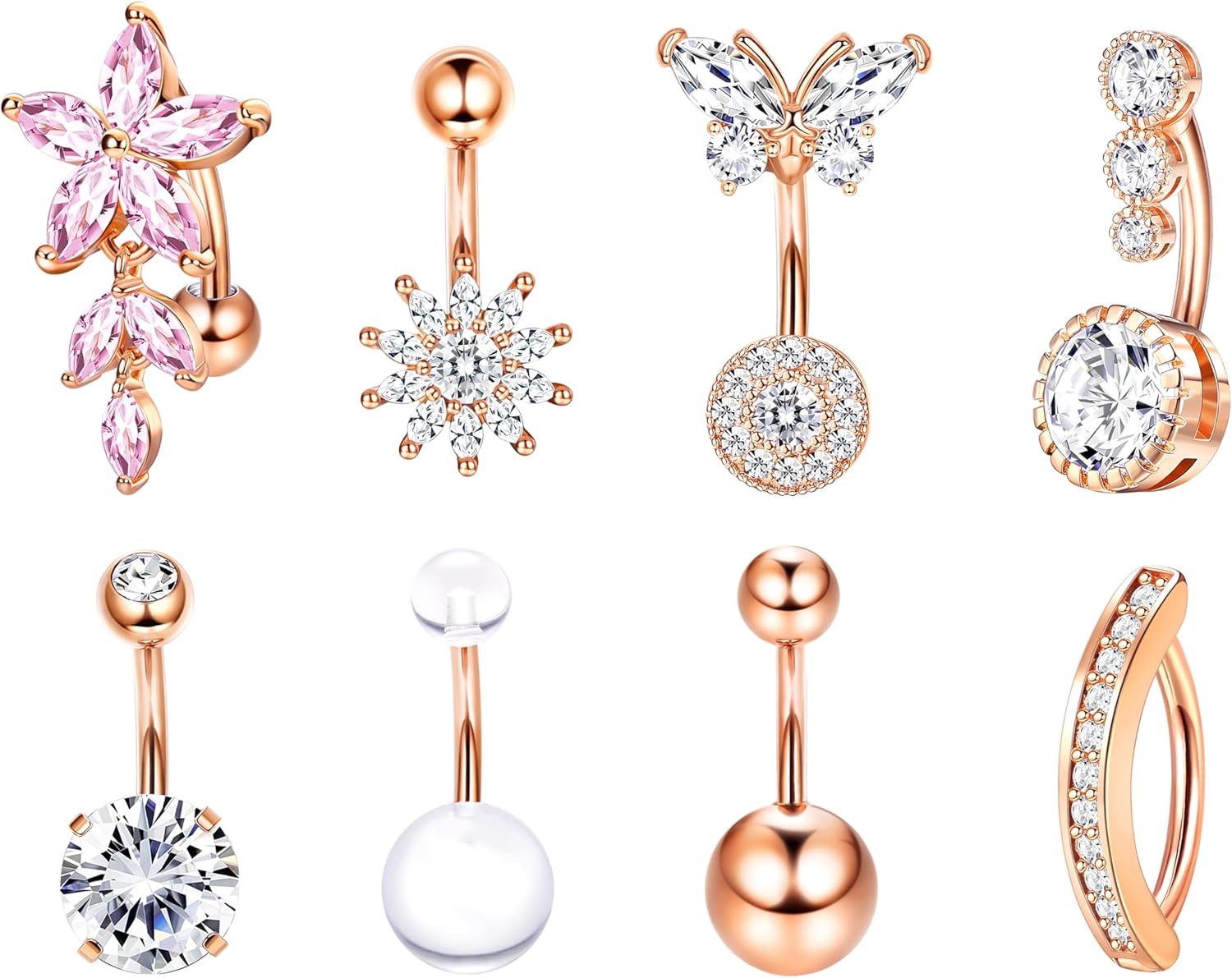 Pink Heart Belly Button Ring Piercing 8Pcs 14G Surgical Stainless Steel Navel Piercing Hypoallergenic Cute Created - opal Butterfly Belly Button Rings for Women - 我的商店我的商店我的商店