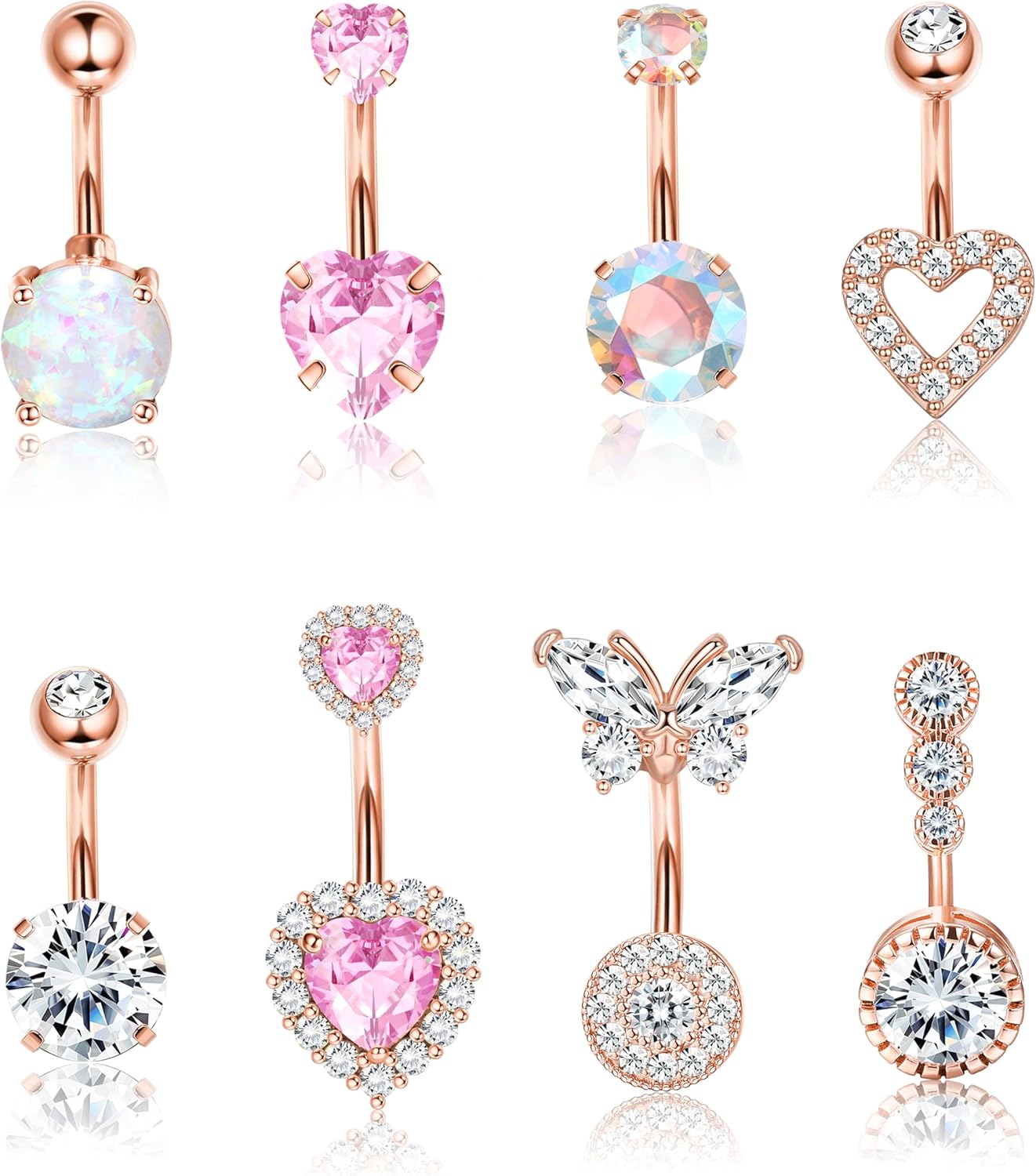 Pink Heart Belly Button Ring Piercing 8Pcs 14G Surgical Stainless Steel Navel Piercing Hypoallergenic Cute Created - opal Butterfly Belly Button Rings for Women - 我的商店我的商店我的商店