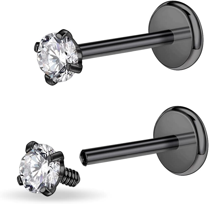 PunkTracker 16g/18g Surgical Steel Internal Thread CZ Stud Piercing Jewelry for Tragus/Nose/Helix/Conch/Medusa/Lip/Labret - Helix Tragus Cartilage Earring for Women Men 2PCS - QIAO CrystalQIAO CrystalQIAO Crystal