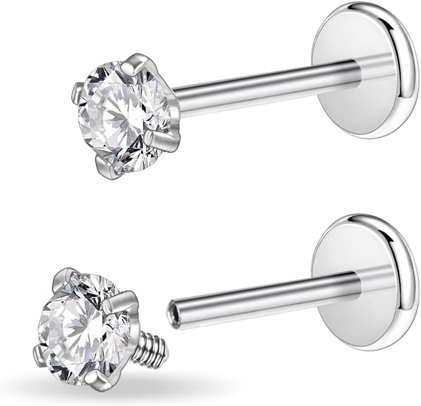 PunkTracker 16g/18g Surgical Steel Internal Thread CZ Stud Piercing Jewelry for Tragus/Nose/Helix/Conch/Medusa/Lip/Labret - Helix Tragus Cartilage Earring for Women Men 2PCS - QIAO CrystalQIAO CrystalQIAO Crystal