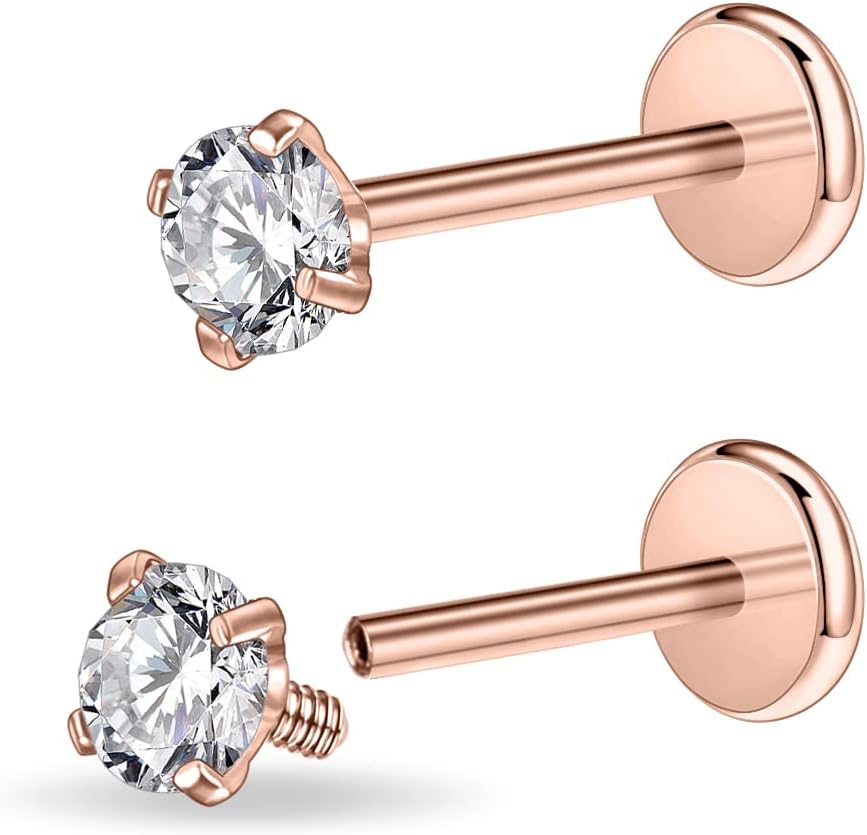 PunkTracker 16g/18g Surgical Steel Internal Thread CZ Stud Piercing Jewelry for Tragus/Nose/Helix/Conch/Medusa/Lip/Labret - Helix Tragus Cartilage Earring for Women Men 2PCS - QIAO CrystalQIAO CrystalQIAO Crystal