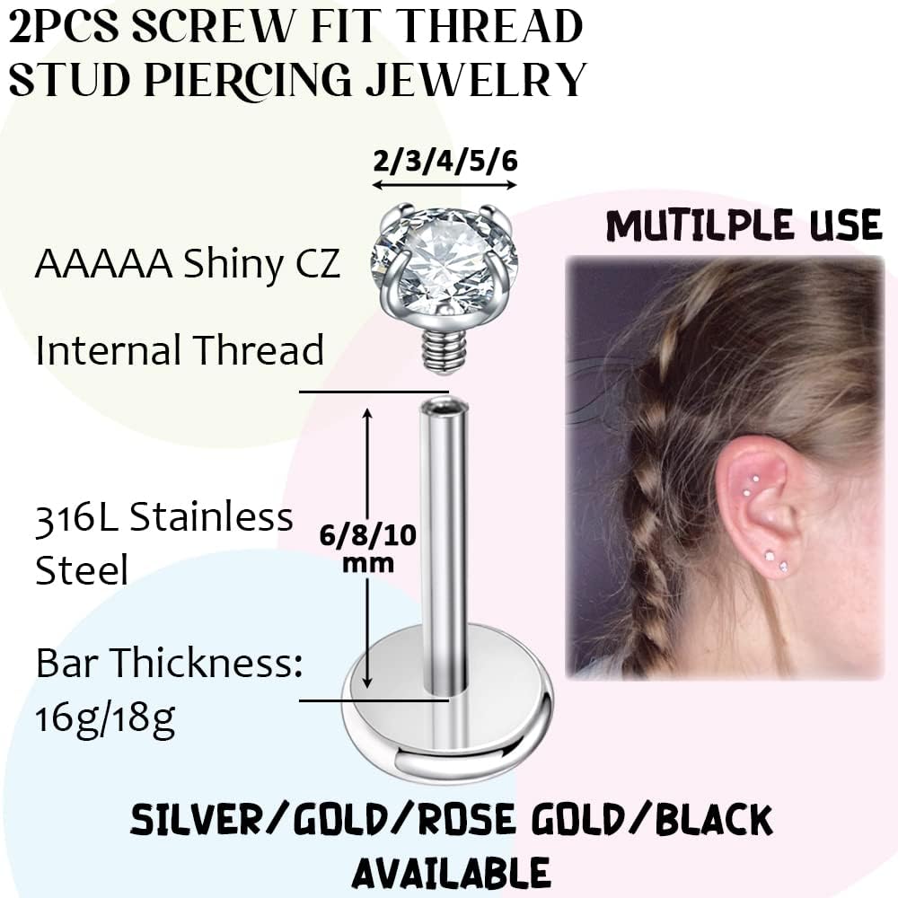 PunkTracker 16g/18g Surgical Steel Internal Thread CZ Stud Piercing Jewelry for Tragus/Nose/Helix/Conch/Medusa/Lip/Labret - Helix Tragus Cartilage Earring for Women Men 2PCS - QIAO CrystalQIAO CrystalQIAO Crystal