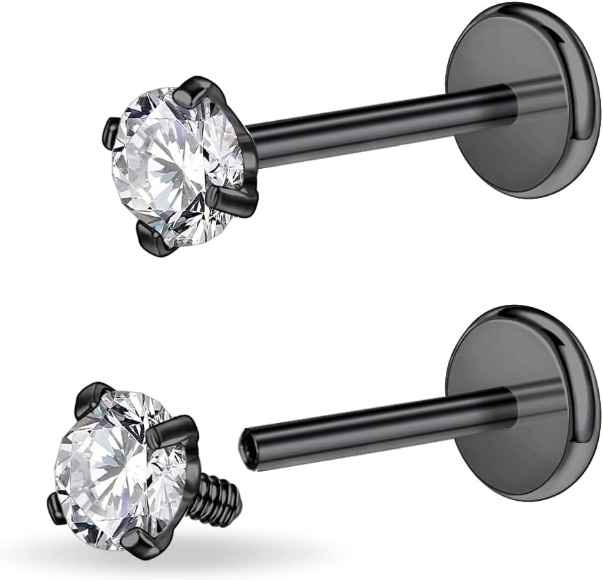 PunkTracker 16g/18g Surgical Steel Internal Thread CZ Stud Piercing Jewelry for Tragus/Nose/Helix/Conch/Medusa/Lip/Labret - Helix Tragus Cartilage Earring for Women Men 2PCS - QIAO CrystalQIAO CrystalQIAO Crystal