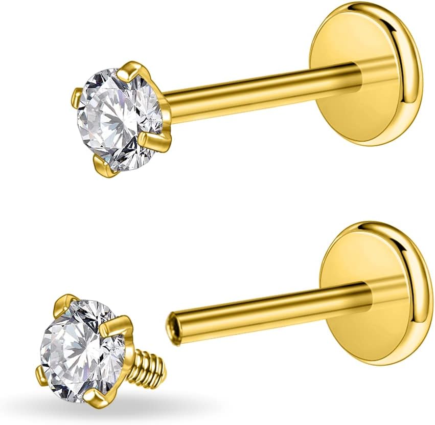 PunkTracker 16g/18g Surgical Steel Internal Thread CZ Stud Piercing Jewelry for Tragus/Nose/Helix/Conch/Medusa/Lip/Labret - Helix Tragus Cartilage Earring for Women Men 2PCS - QIAO CrystalQIAO CrystalQIAO Crystal