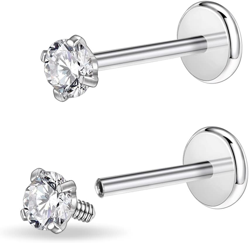 PunkTracker 16g/18g Surgical Steel Internal Thread CZ Stud Piercing Jewelry for Tragus/Nose/Helix/Conch/Medusa/Lip/Labret - Helix Tragus Cartilage Earring for Women Men 2PCS - QIAO CrystalQIAO CrystalQIAO Crystal