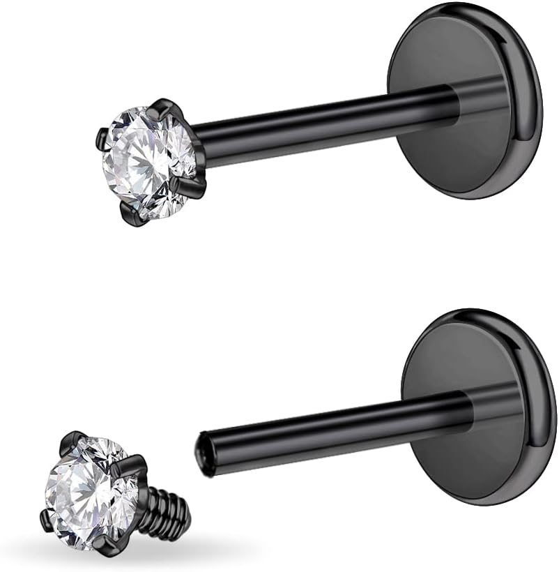 PunkTracker 16g/18g Surgical Steel Internal Thread CZ Stud Piercing Jewelry for Tragus/Nose/Helix/Conch/Medusa/Lip/Labret - Helix Tragus Cartilage Earring for Women Men 2PCS - QIAO CrystalQIAO CrystalQIAO Crystal