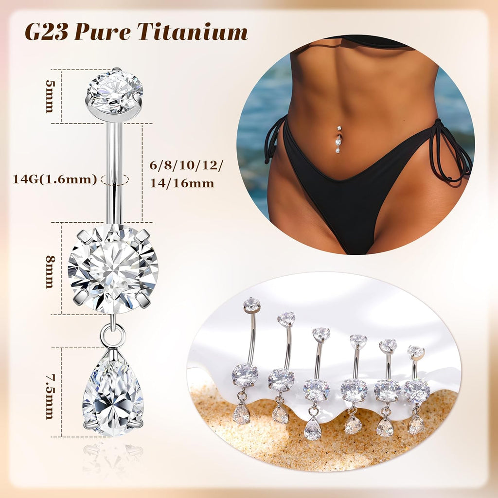 Pure Titanium Dangle Belly Button Ring for Women Teardrop Dangling Belly Ring Internally Threaded Barbell Dainty Dangly Navel Ring CZ Belly Piercing Jewelry 6 - 16MM - 我的商店我的商店我的商店