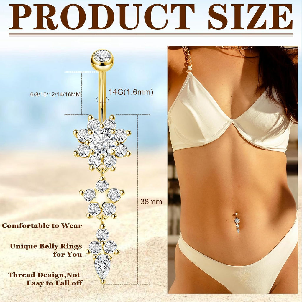 Pure Titanium Dangle Belly Button Rings for Women Internally Thread Curved Barbell Belly Rings Dangling Navel Rings CZ Flower Navel Piercing Jewelry 6 - 16mm - 我的商店我的商店我的商店