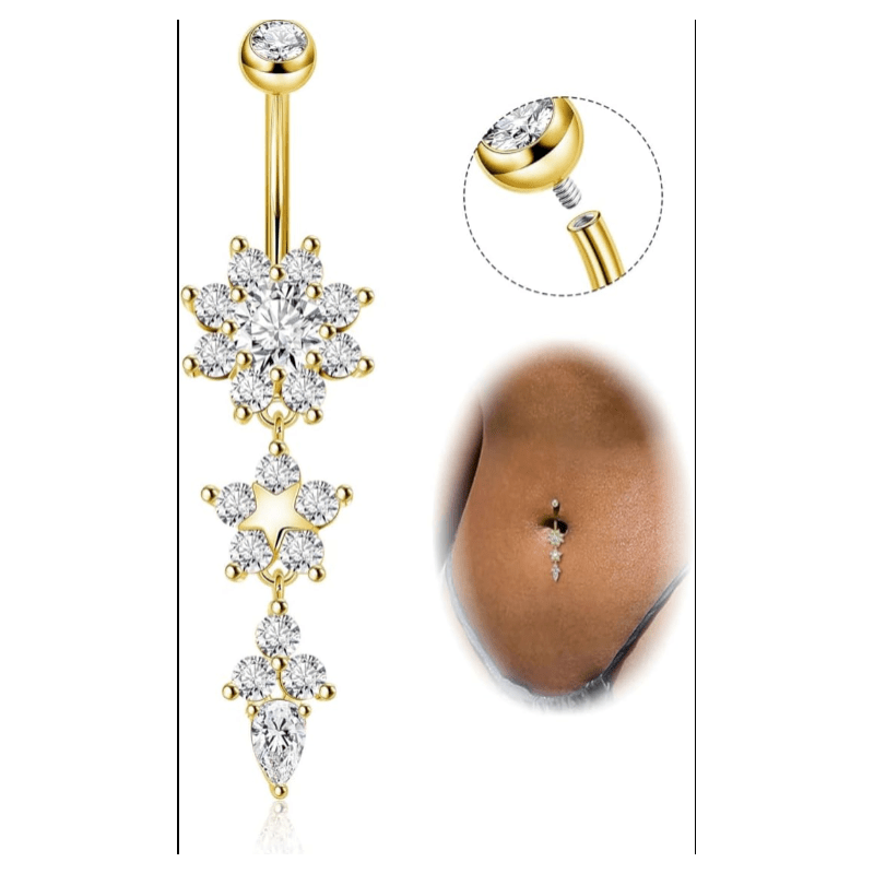 Pure Titanium Dangle Belly Button Rings for Women Internally Thread Curved Barbell Belly Rings Dangling Navel Rings CZ Flower Navel Piercing Jewelry 6 - 16mm - 我的商店我的商店我的商店