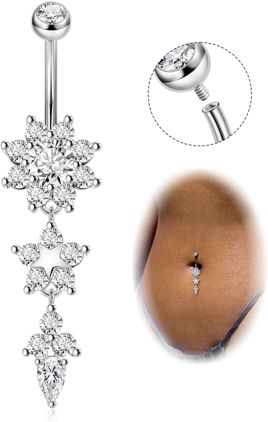 Pure Titanium Dangle Belly Button Rings for Women Internally Thread Curved Barbell Belly Rings Dangling Navel Rings CZ Flower Navel Piercing Jewelry 6 - 16mm - 我的商店我的商店我的商店