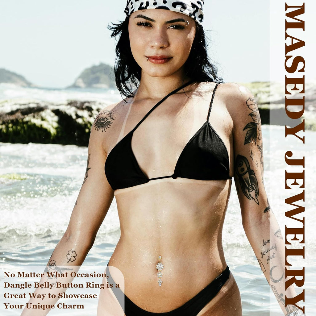 Pure Titanium Dangle Belly Button Rings for Women Internally Thread Curved Barbell Belly Rings Dangling Navel Rings CZ Flower Navel Piercing Jewelry 6 - 16mm - 我的商店我的商店我的商店
