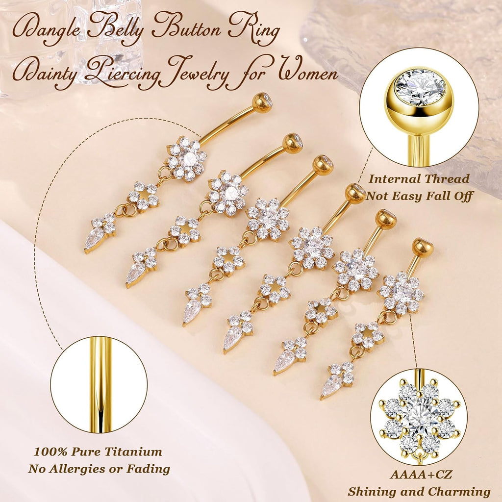 Pure Titanium Dangle Belly Button Rings for Women Internally Thread Curved Barbell Belly Rings Dangling Navel Rings CZ Flower Navel Piercing Jewelry 6 - 16mm - 我的商店我的商店我的商店