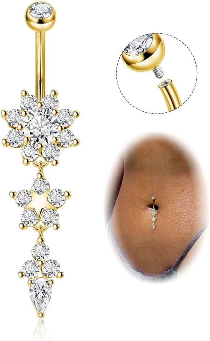 Pure Titanium Dangle Belly Button Rings for Women Internally Thread Curved Barbell Belly Rings Dangling Navel Rings CZ Flower Navel Piercing Jewelry 6 - 16mm - 我的商店我的商店我的商店