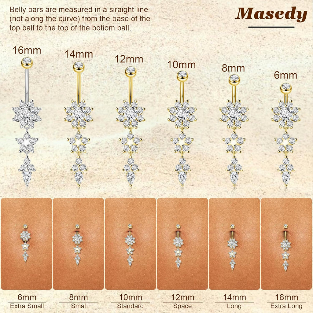 Pure Titanium Dangle Belly Button Rings for Women Internally Thread Curved Barbell Belly Rings Dangling Navel Rings CZ Flower Navel Piercing Jewelry 6 - 16mm - 我的商店我的商店我的商店
